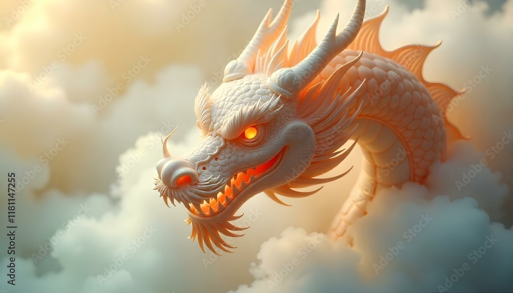 Fototapeta premium Chinese New Year, White Chinese traditional dragon head created from ethereal smoke, with sharp eyes