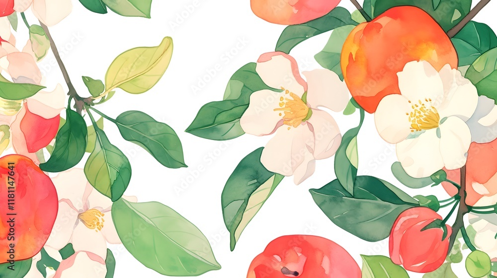 apples and flowers and green leafs snd floret watercolor background invitation template, Generative AI apples and flowers and green leafs snd floret watercolor background invitation template, Generative AI