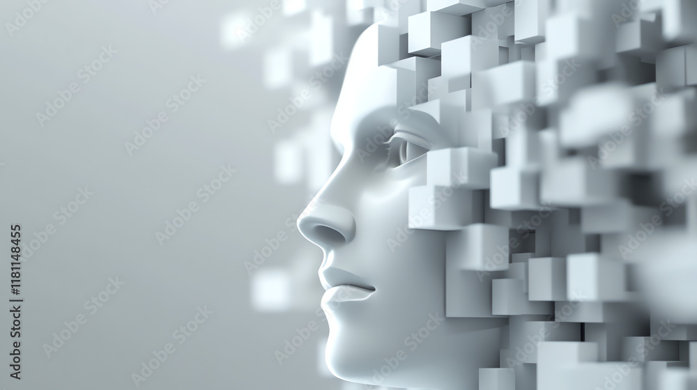 White profile dissolving into cubic particles. Perfect for digital transformation concepts. White profile dissolving into cubic particles. Perfect for digital transformation concepts.