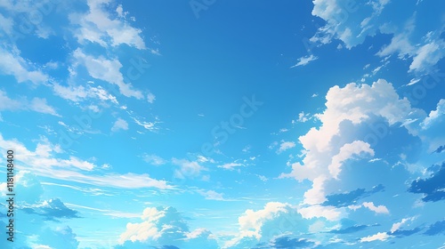 Daytime sky filled with fluffy clouds in anime background style