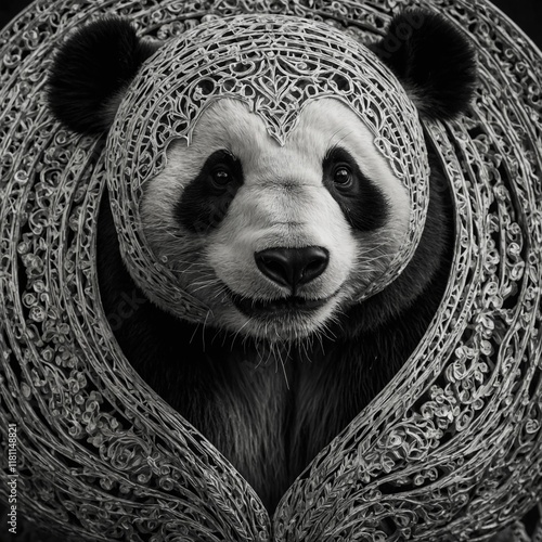 A line art panda with intricate patterns. photo