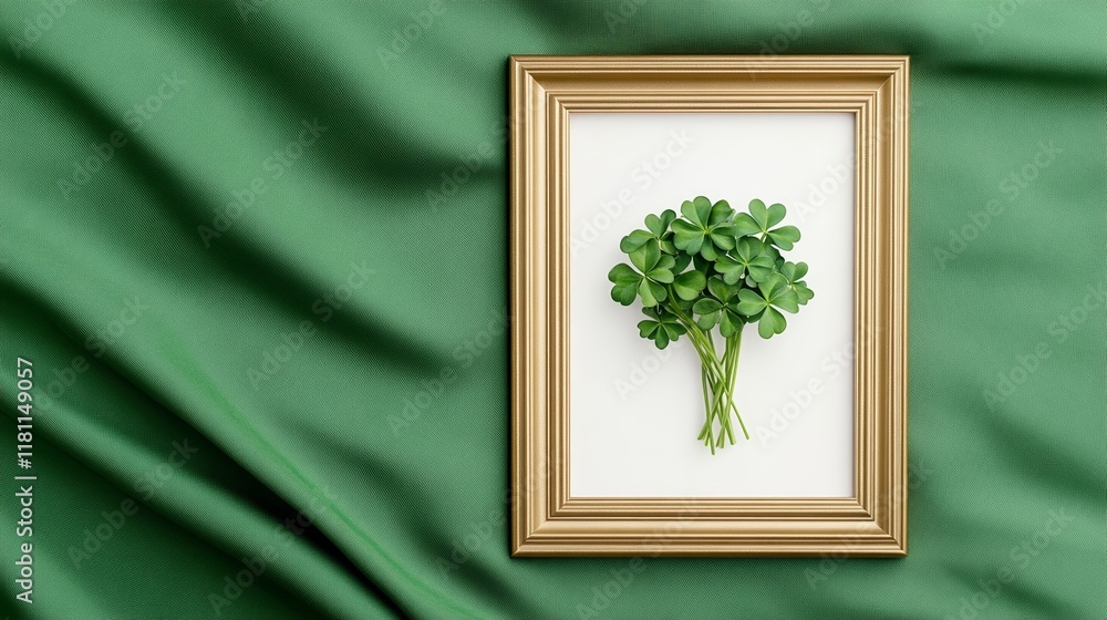 Fototapeta premium An ornate golden frame displaying a watercolor painting of a shamrock bouquet, surrounded by emerald-green velvet fabric for an elegant St Patrick's Day 