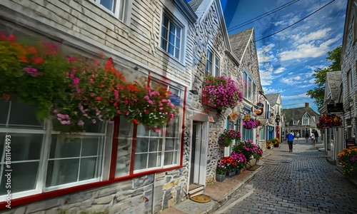 Cobblestone street lined with colorful flower boxes and charming stone buildings under a bright summer sky. photo