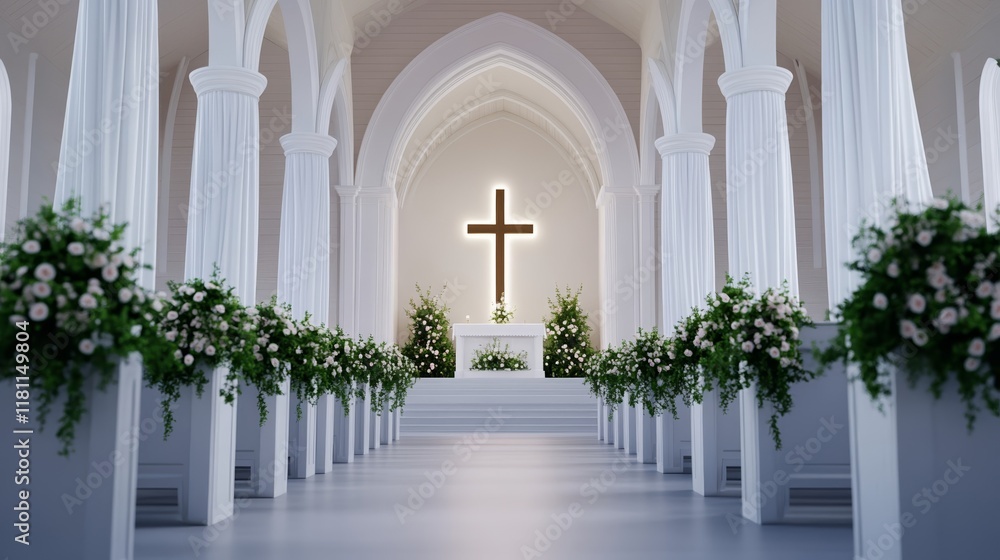 A wide view of a church interior with arches draped in white fabric, floral accents, and a glowing Easter cross at the center of the altar A wide view of a church interior with arches draped in white fabric, floral accents, and a glowing Easter cross at the center of the altar