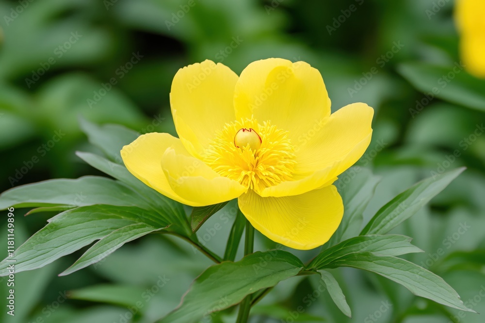 Vibrant Yellow Peony Blossom in Lush Green Garden Vibrant Yellow Peony Blossom in Lush Green Garden