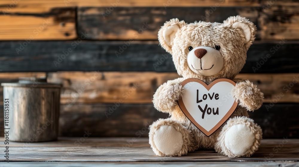 Obraz premium Cute teddy bear holding a heart-shaped sign with a message of love on a rustic wooden table, Valentine's Day celebration