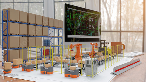 3D render: Production engineer use models made production line layout for smart warehouse on his desktop.