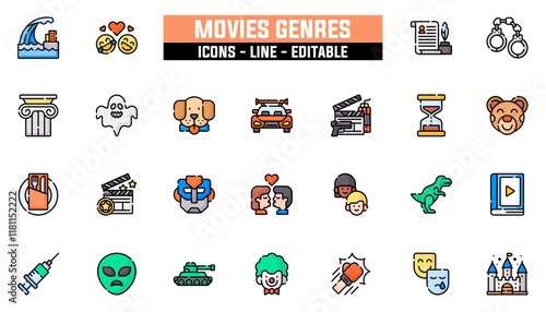 Set of 25 line icons movies genres. Editable stroke. Vector illustration