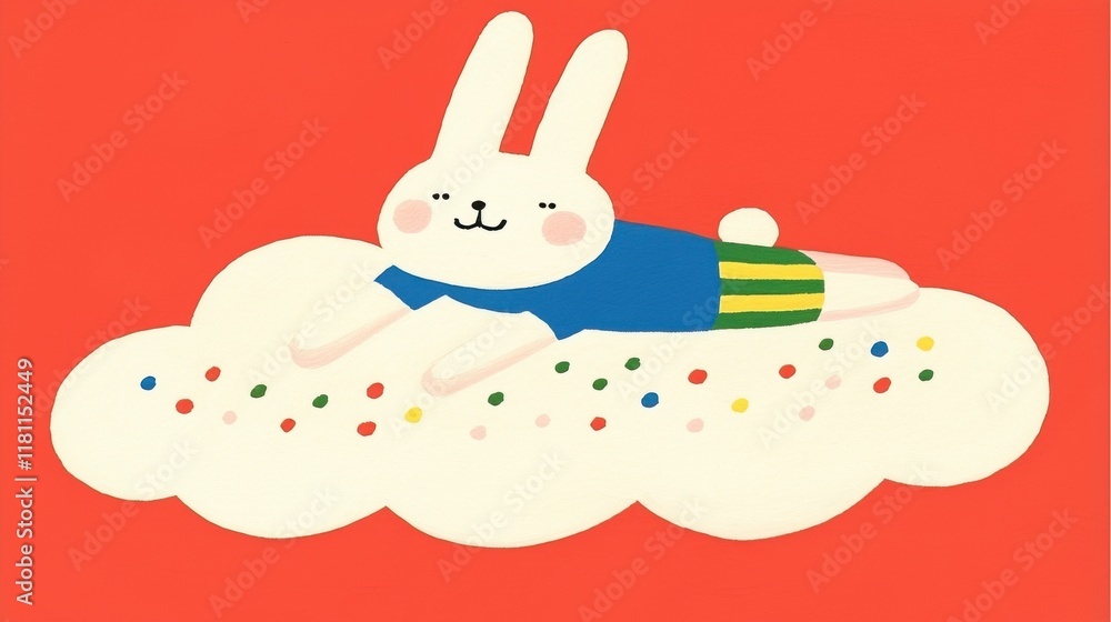 Rabbit watercolor concept. Chubby Rabbit Doodle Resting on Soft Fluffy Cloud with Rain Rabbit watercolor concept. Chubby Rabbit Doodle Resting on Soft Fluffy Cloud with Rain