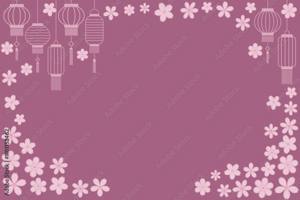 Greeting card with pink outline of lanterns and floral pattern on dark dusty pink background. Design concept with decorative element for Chinese New Year. Greeting card with pink outline of lanterns and floral pattern on dark dusty pink background. Design concept with decorative element for Chinese New Year.