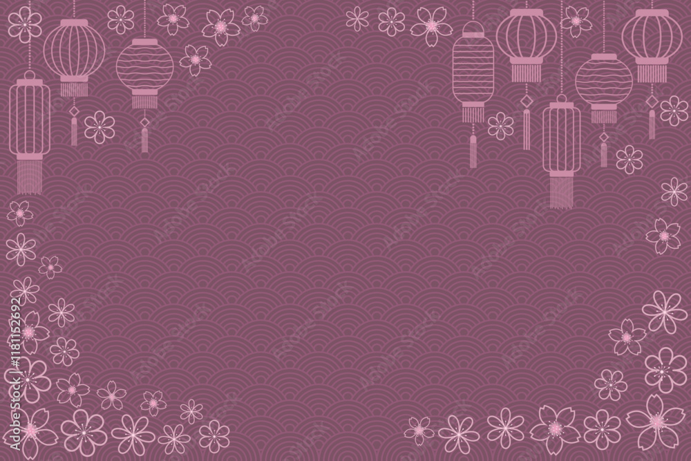 Greeting card with dusty pink outline of lanterns and floral pattern on waves pattern background. Design concept with decorative element for Chinese New Year. Greeting card with dusty pink outline of lanterns and floral pattern on waves pattern background. Design concept with decorative element for Chinese New Year.
