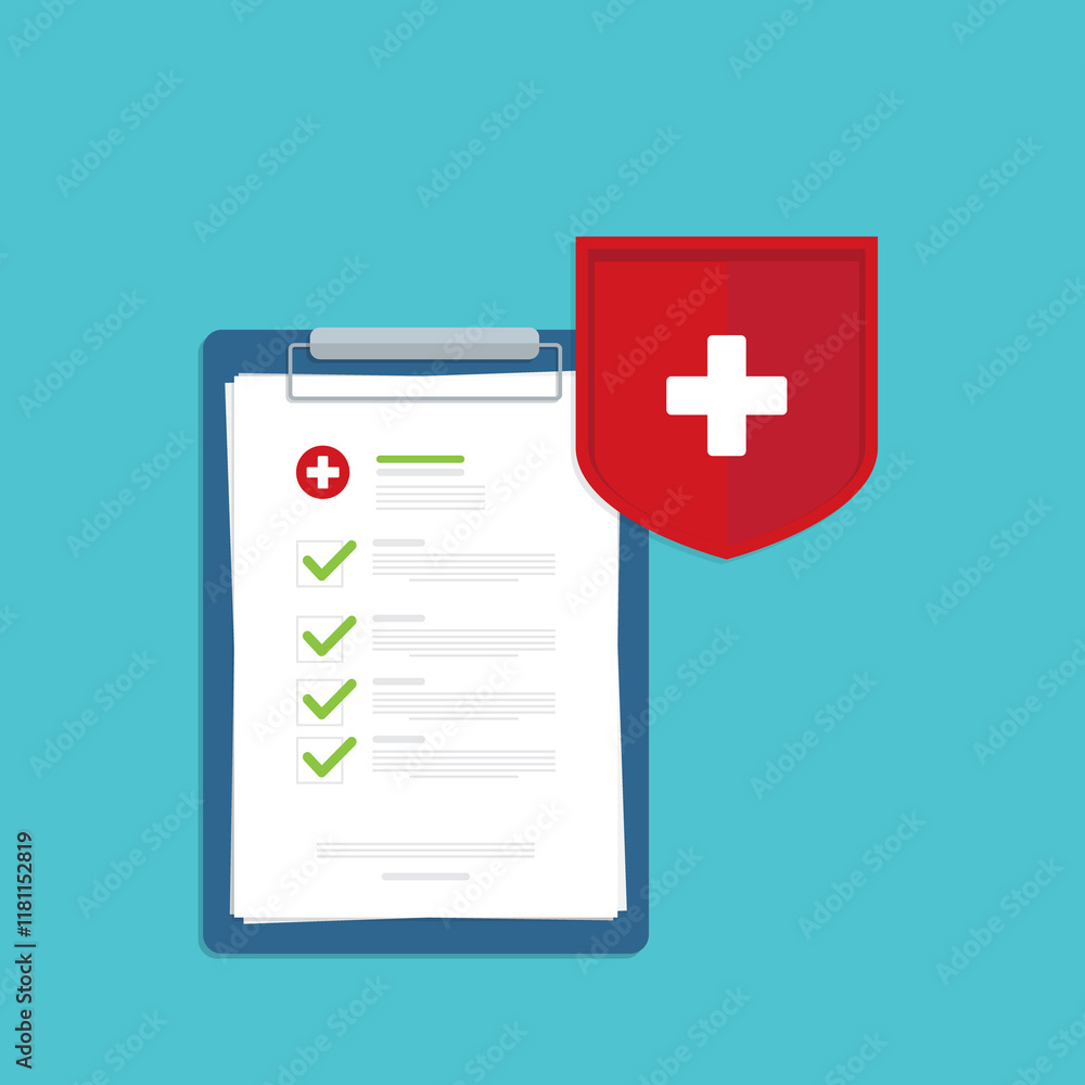 Obraz premium Medical healthcare insurance. Red shield on patient protection policy and pen. Medicine symbol. 