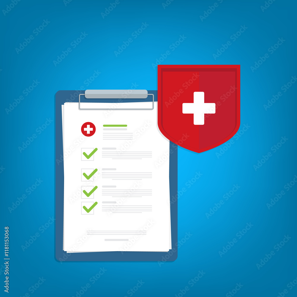 Obraz premium Medical healthcare insurance. Red shield on patient protection policy and pen. Medicine symbol. 