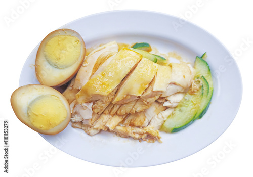 Canvas Print A collage of tasty chicken rice is isolated on a PNG background—delicious soy sauce chicken rice from a hawker stall in Singapore