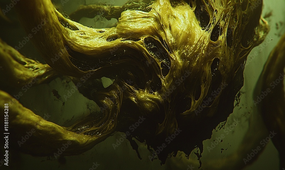 Obraz premium Abstract yellow organic tendrils swirling in dark green space, ideal for sci-fi or fantasy backgrounds.