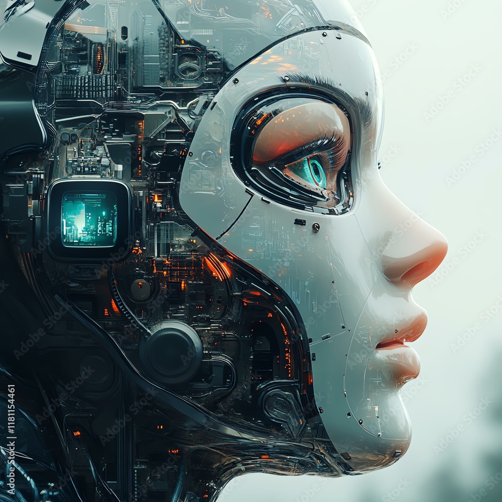 Fototapeta premium A futuristic humanoid robot with intricate circuitry and glowing features, showcasing the blending of technology and art in modern design. Perfect for themes of innovation and AI.