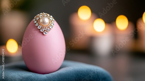 A pastel Easter egg with a pearl brooch resting on a velvet cushion surrounded by soft candlelight for vintage elegant Easter décor  photo