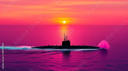 A modern navy submarine emerging from the ocean at sunrise with water splashing dramatically for Submarine Day  photo