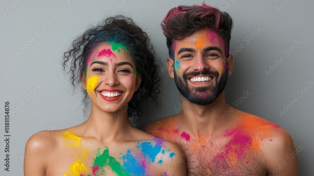 Fototapeta premium A joyful couple covered in bright Holi colors, holding hands and smiling under a gentle rain of powdered hues for the festival of love and colors 