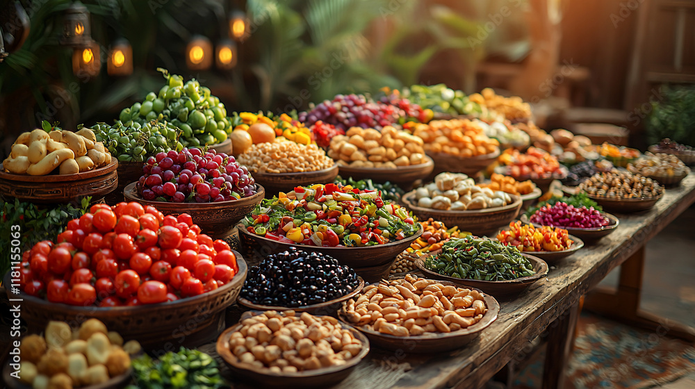 Abundant colorful food display in rustic bowls. Abundant colorful food display in rustic bowls.