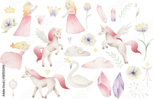 Watercolor vector fantasy collection with cute princess and pegasus. photo