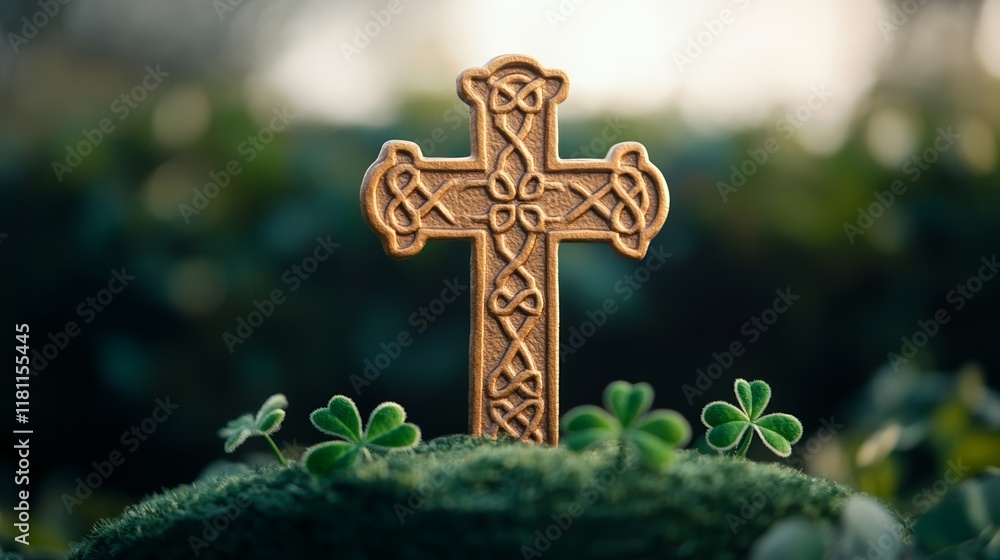 A golden Celtic cross resting on a green velvet cushion, surrounded by shamrocks and illuminated by soft candlelight for a timeless St Patrick's Day tribute A golden Celtic cross resting on a green velvet cushion, surrounded by shamrocks and illuminated by soft candlelight for a timeless St Patrick's Day tribute