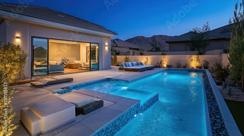 Modern backyard oasis with a sleek infinity pool, patio furniture, and mountain views at twilight.