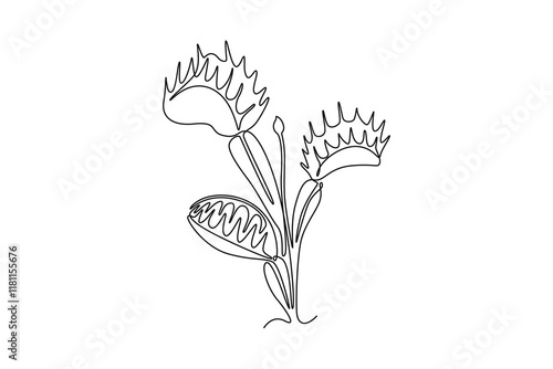 Single one line drawing of beauty fresh venus flytrap for home decor wall art poster print. Decorative dionaea muscipula plant for monster creature. Continuous line design graphic vector illustration