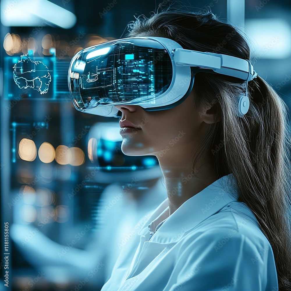 A woman wearing advanced virtual reality glasses in a modern tech environment. The setting showcases innovation and digital interaction, highlighting the future of technology. A woman wearing advanced virtual reality glasses in a modern tech environment. The setting showcases innovation and digital interaction, highlighting the future of technology.