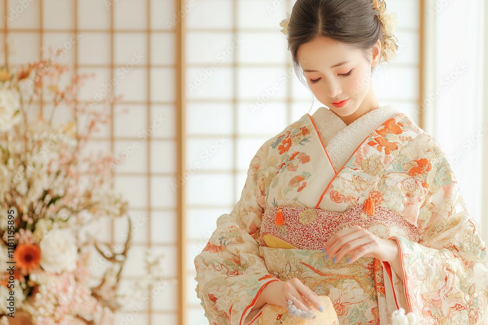 A detailed close-up of a traditional Japanese kimono sleeve with floral embroidery, paired with an ornate obi belt and elegant accessories in a tatami room. A detailed close-up of a traditional Japanese kimono sleeve with floral embroidery, paired with an ornate obi belt and elegant accessories in a tatami room.