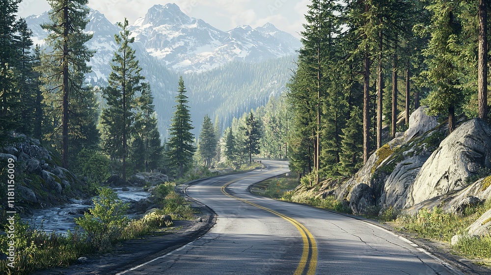 Scenic Road in British Columbia with a Winding Tree-Lined Path Scenic Road in British Columbia with a Winding Tree-Lined Path