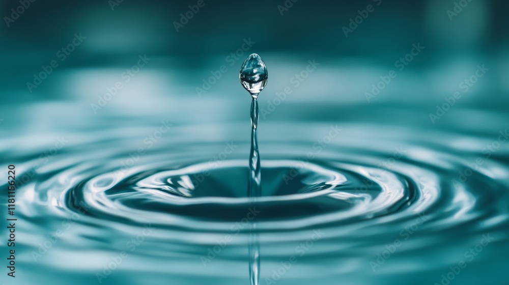 A crystal-clear droplet of water falling into a ripple on a serene blue background, symbolizing the importance of conservation for World Water Day A crystal-clear droplet of water falling into a ripple on a serene blue background, symbolizing the importance of conservation for World Water Day