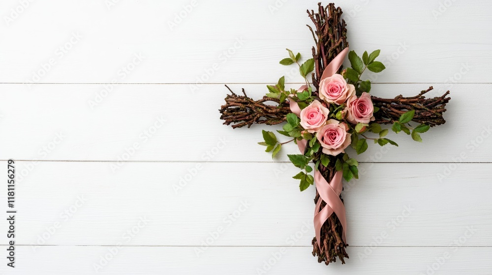 A cross made of intertwined branches decorated with soft pink roses and satin ribbons, set against a white wooden backdrop for Easter elegance A cross made of intertwined branches decorated with soft pink roses and satin ribbons, set against a white wooden backdrop for Easter elegance