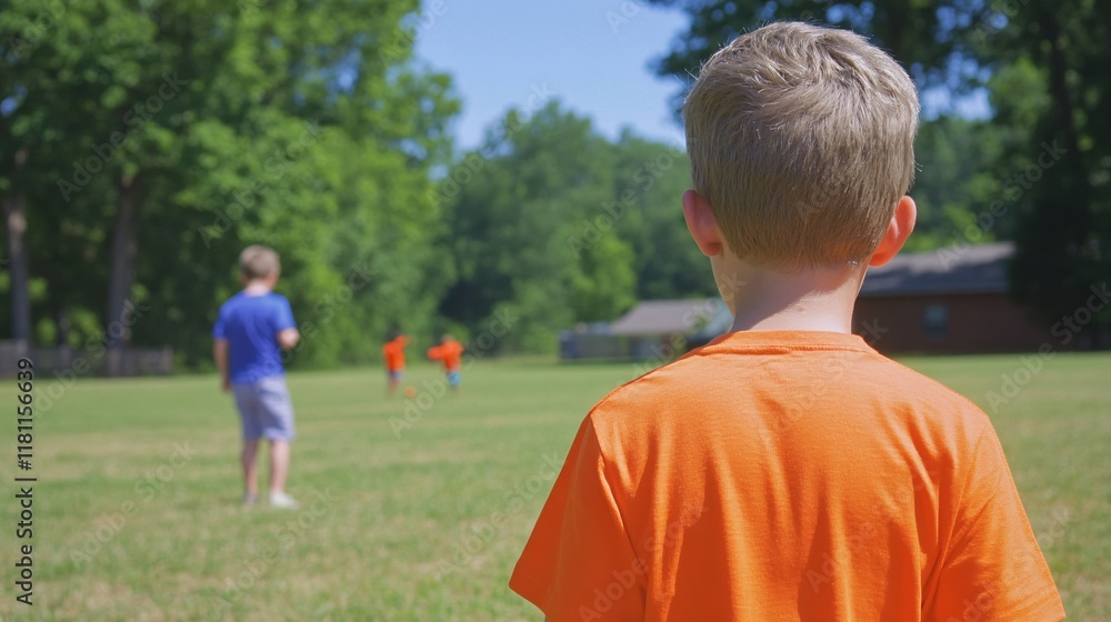 Fototapeta premium Young Boy Watches Friends Play Soccer in Sunny Park