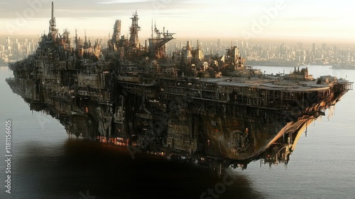 Massive, futuristic, derelict floating city ship, hovering over a cityscape. photo