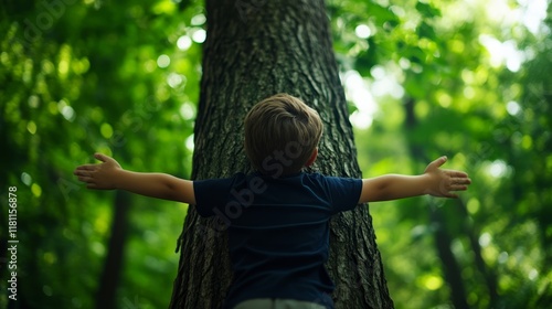 A child hugging a large tree trunk with outstretched arms surrounded by greenery, symbolizing love for nature on International Day of Forests  photo