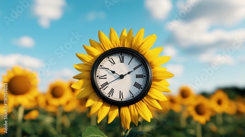 A bright sunflower field with a clock face replacing the center of a sunflower under a vivid blue sky for Daylight Saving Time start  photo