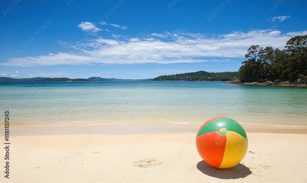 Obraz premium Beach ball on sandy shore, tranquil bay, sunny sky.