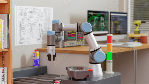 3D render: View of robot engineer's desktop , AGV (automated guided vehicle) with Cobot (collaborative robot) are being programmed in lab