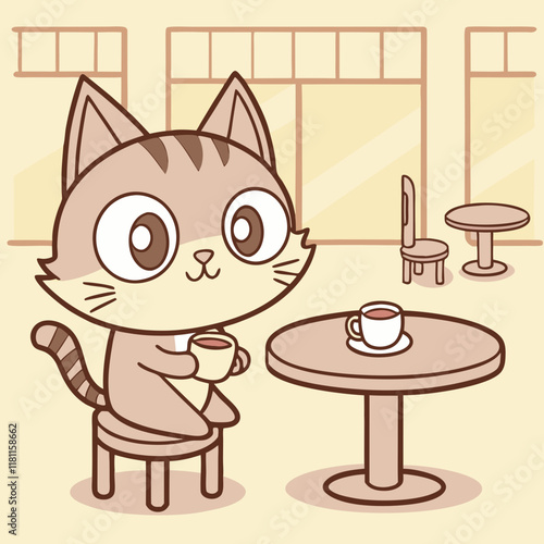  A cute cartoon cat enjoying tea at a cozy cafe table, illustrated in vibrant vector artwork.