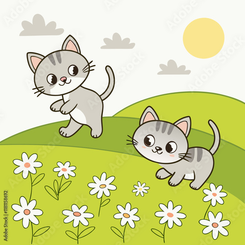Two playful kittens frolic in a field of daisies, captured in vibrant vector artwork.
