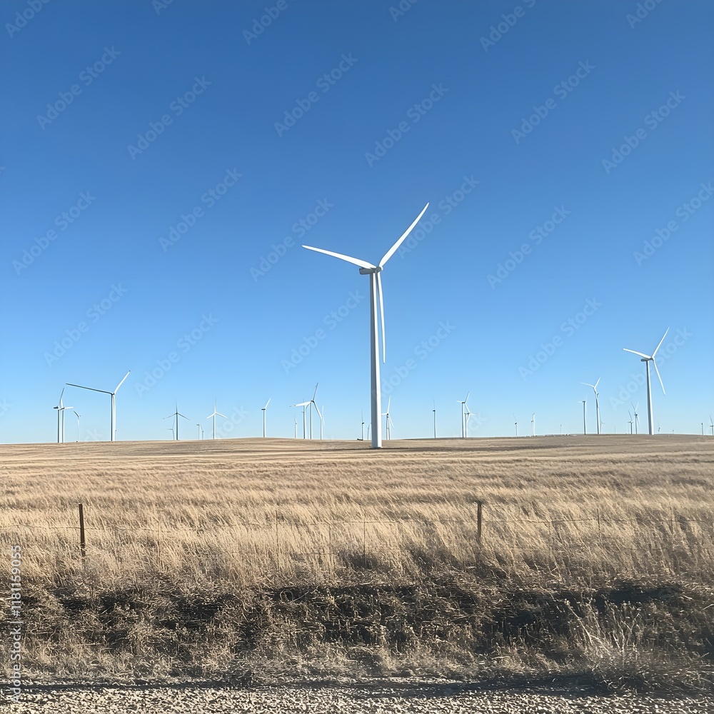 A photo of a wind farm with turbines turning against a clear blue sky. A photo of a wind farm with turbines turning against a clear blue sky.