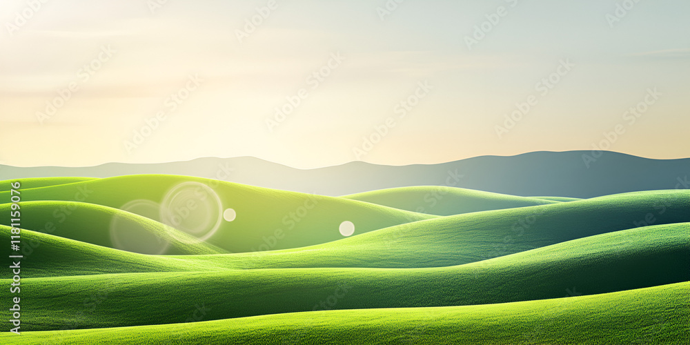 Obraz premium Sun-kissed Hills: Rolling green hills bathed in the golden light of the setting sun. The landscape evokes a sense of tranquility and peace, with the sun's rays casting a warm glow on the horizon.