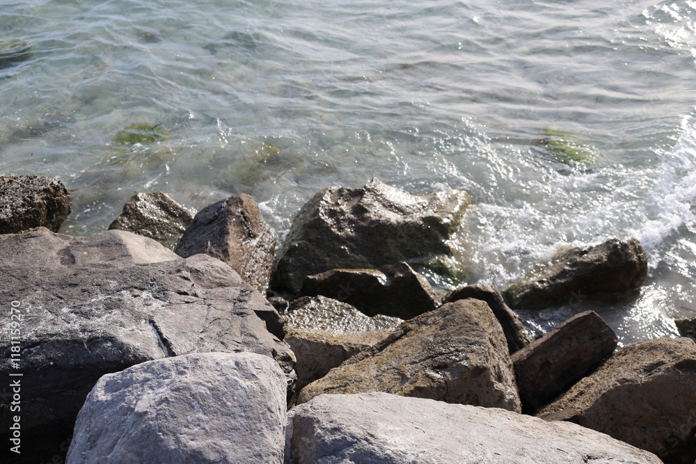 Large size breakwater rock in salty water Large size breakwater rock in salty water