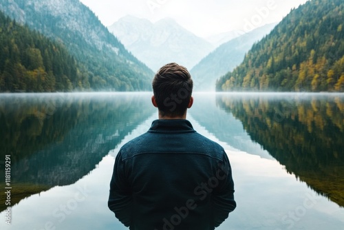Self-Awareness: A person gazing at their reflection in a calm, still lake, symbolizing self-awareness and deep introspection