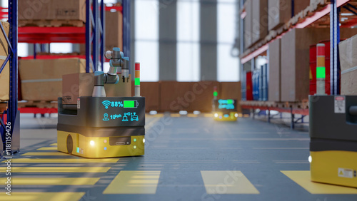 3D render Factory 4.0 concept: Collaboration of industrial robots and AGV (Automated Guided Vehicle) with wireless communication in smart warehouse.