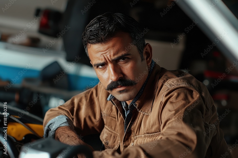 Hispanic man with a mustache repairing a car in a garage photorealistic studio lighting Hispanic man with a mustache repairing a car in a garage photorealistic studio lighting