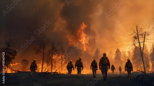 Firefighters battling a massive forest fire in the hills of Los Angeles, using hoses and equipment, with flames and smoke surrounding the rugged landscape,Generative Ai 