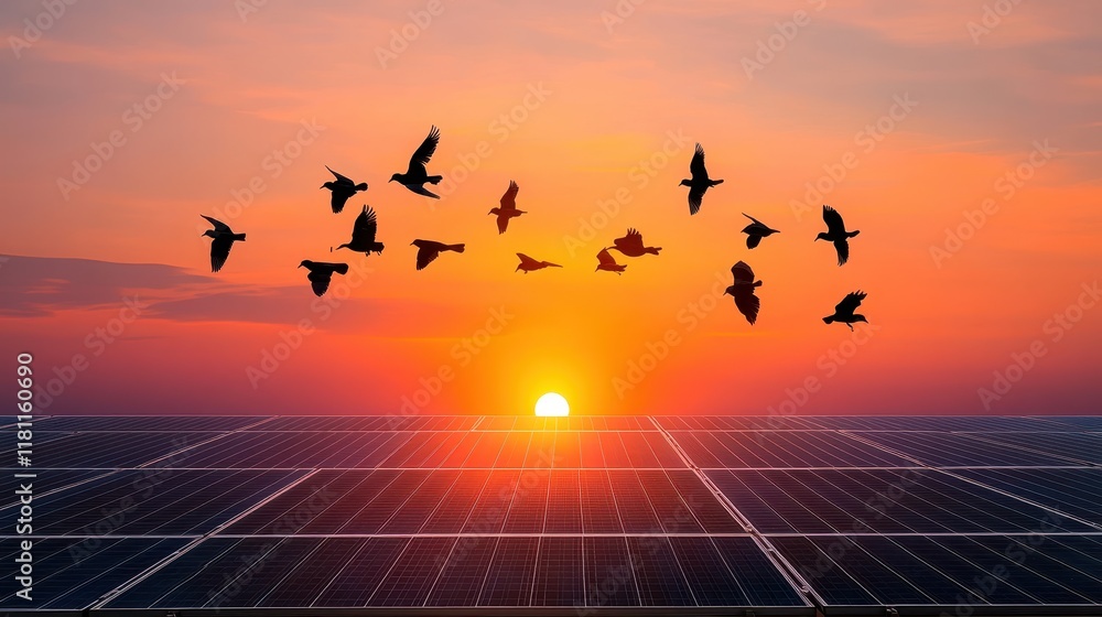 Obraz premium Sunset Over Solar Panels with Flying Birds