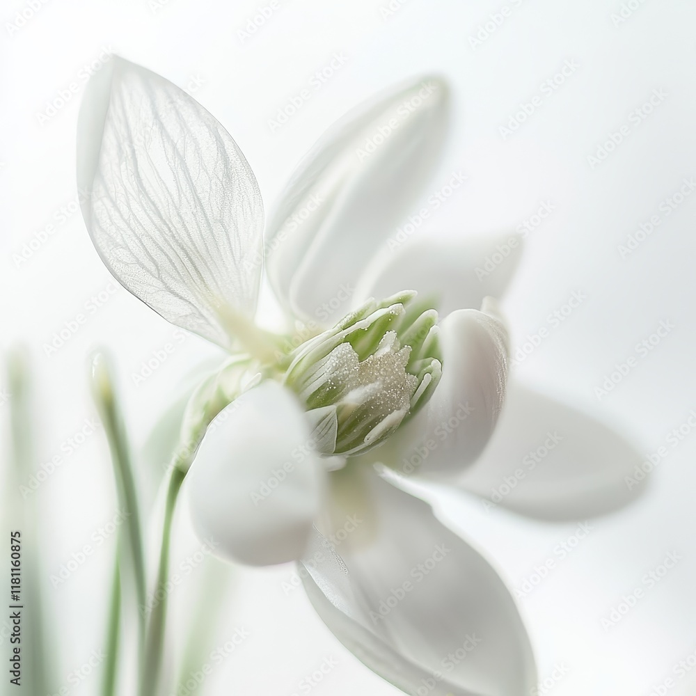 Close-Up of Delicate Snowdrop Flower with Soft White Petals and Green Details